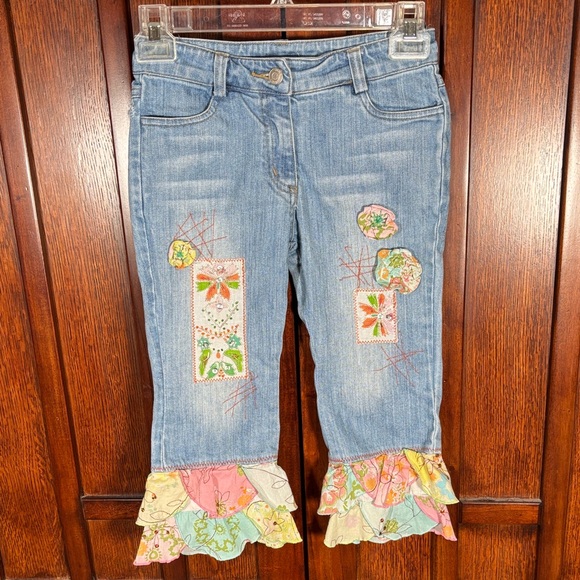 Little Mass Girls Boutique Blue Jeans w/ Floral Patches and Ruffle Hem - Size 8 - Picture 1 of 7